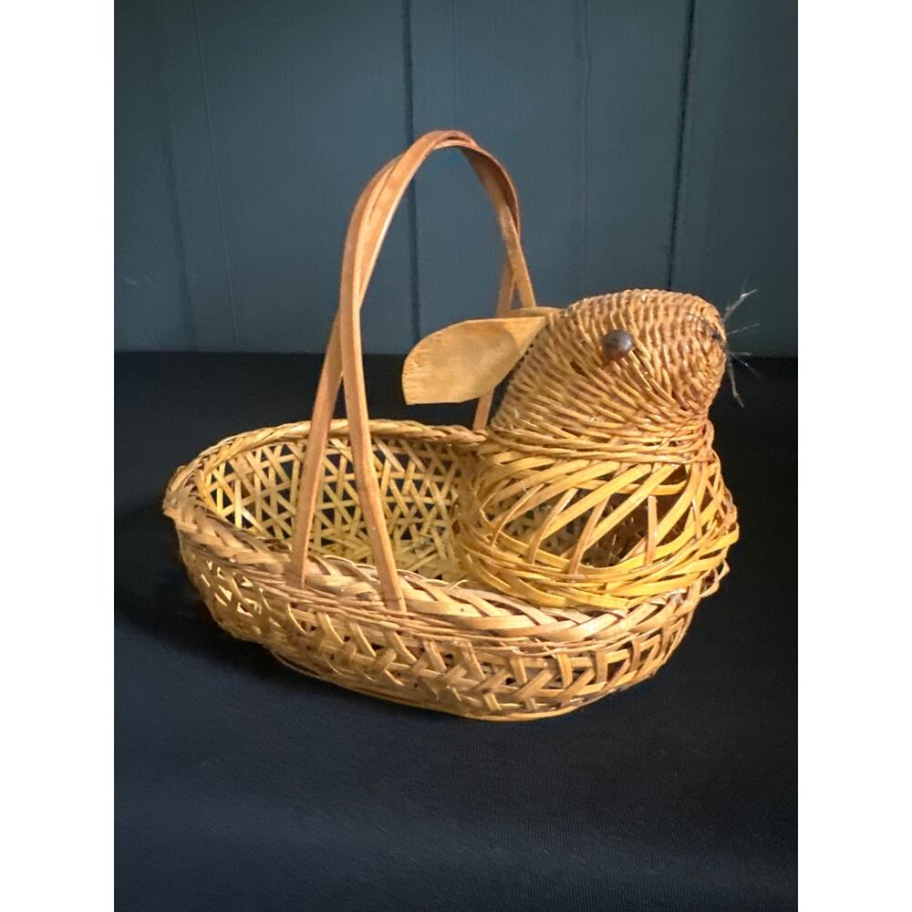 Vintage Wicker Bunny Rabbit Basket With Handle Honey Colored Bamboo Handcrafted